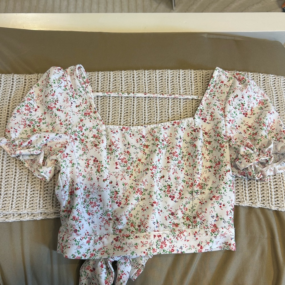 SHEIN Floral Puff Sleeve Blouse - Pink and Green